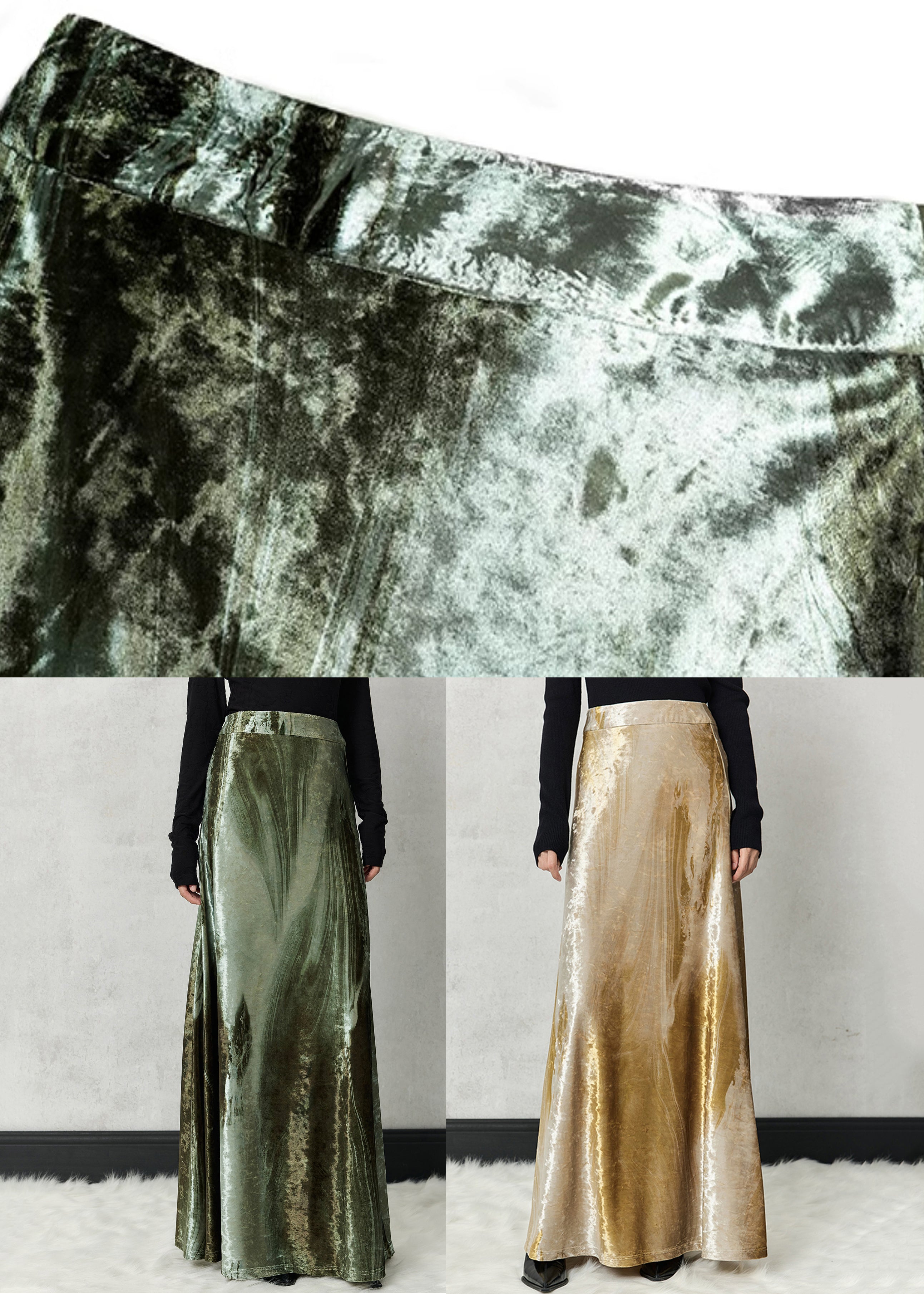 Green Original Design Silk Velvet Spring Skirts High Waist
