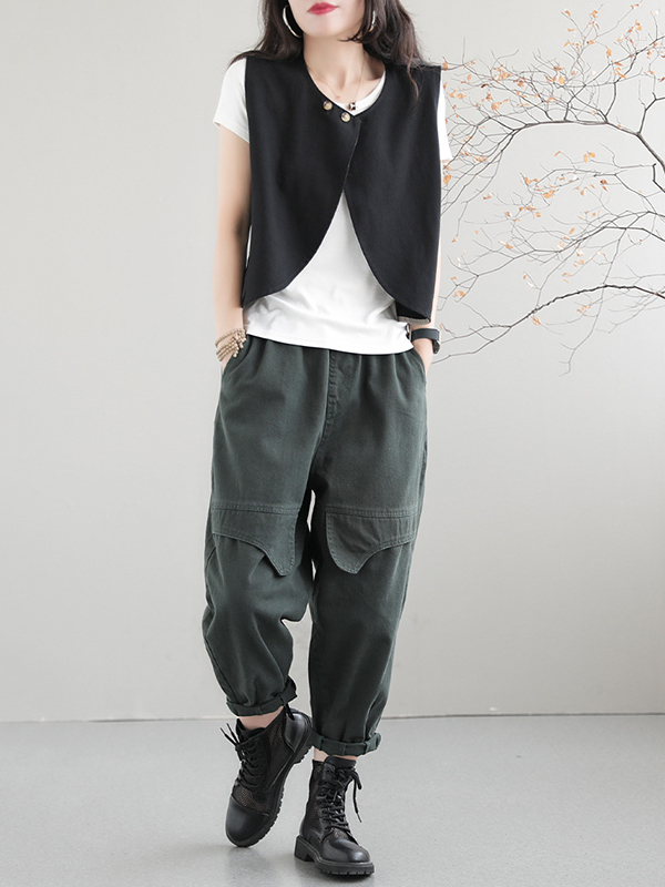 Artistic Retro Loose Sleeveless Solid Color Round-Neck Vest Outerwear