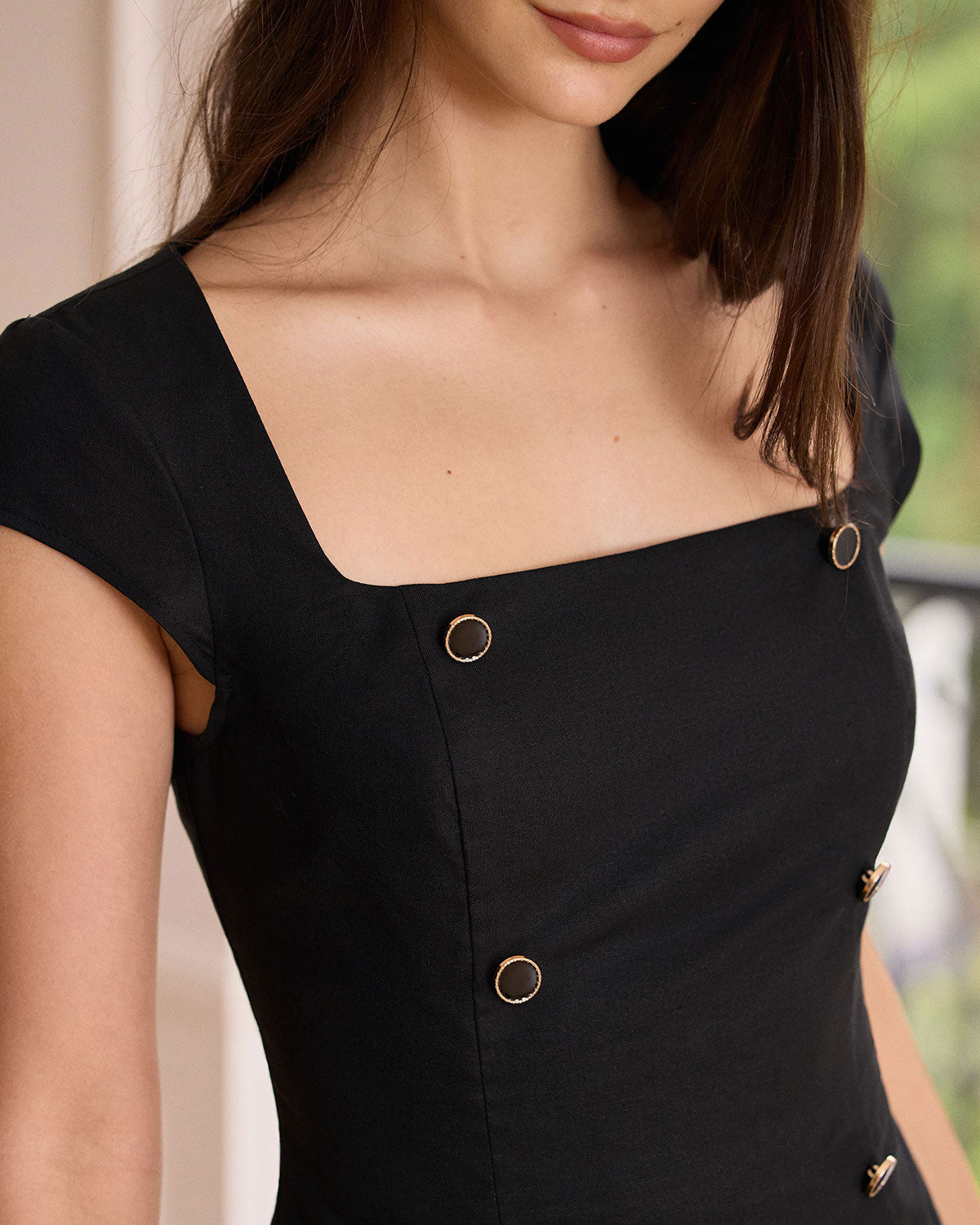 The Black Square Neck Button Cotton Linen Blouse