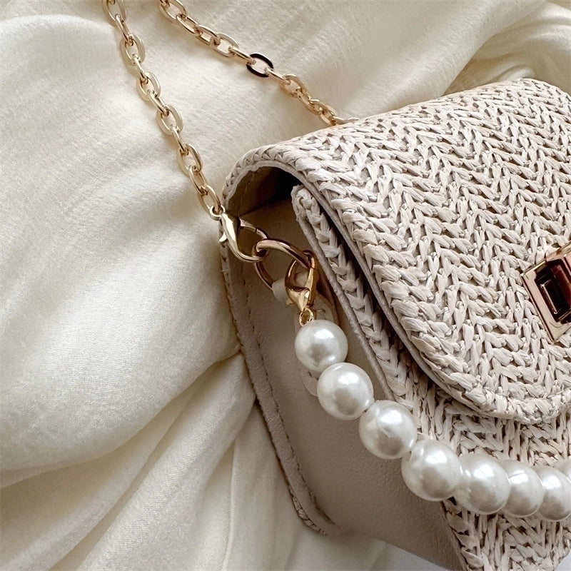 Women's Mini Straw Solid Color Elegant Pearls Lock Clasp Straw Bag