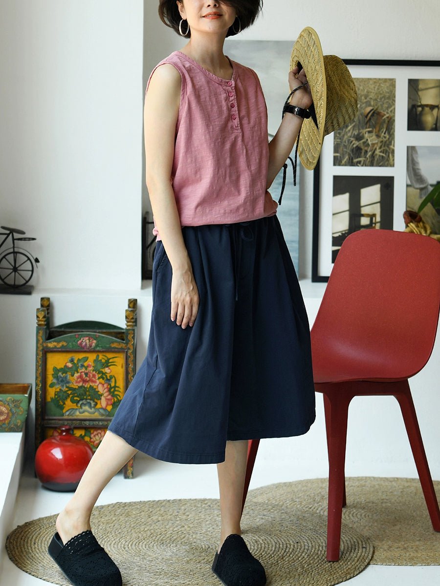 Women Summer Pure Color O-Neck 100%Cotton Vest