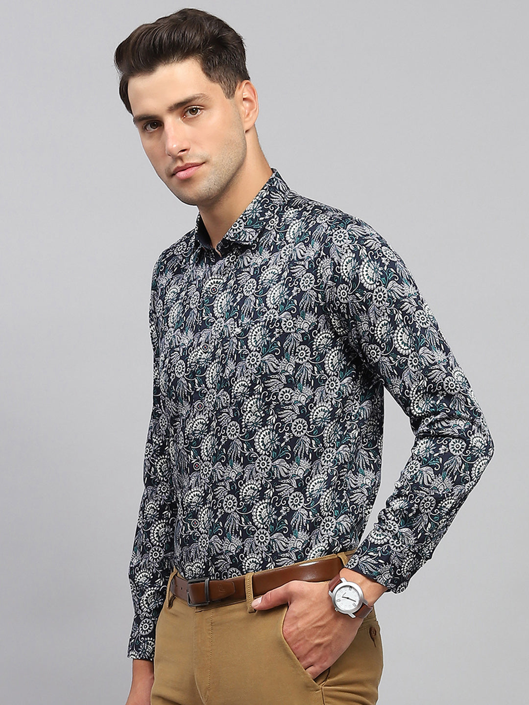 Men Blue Printed Spread Collar Full Sleeve Shirt