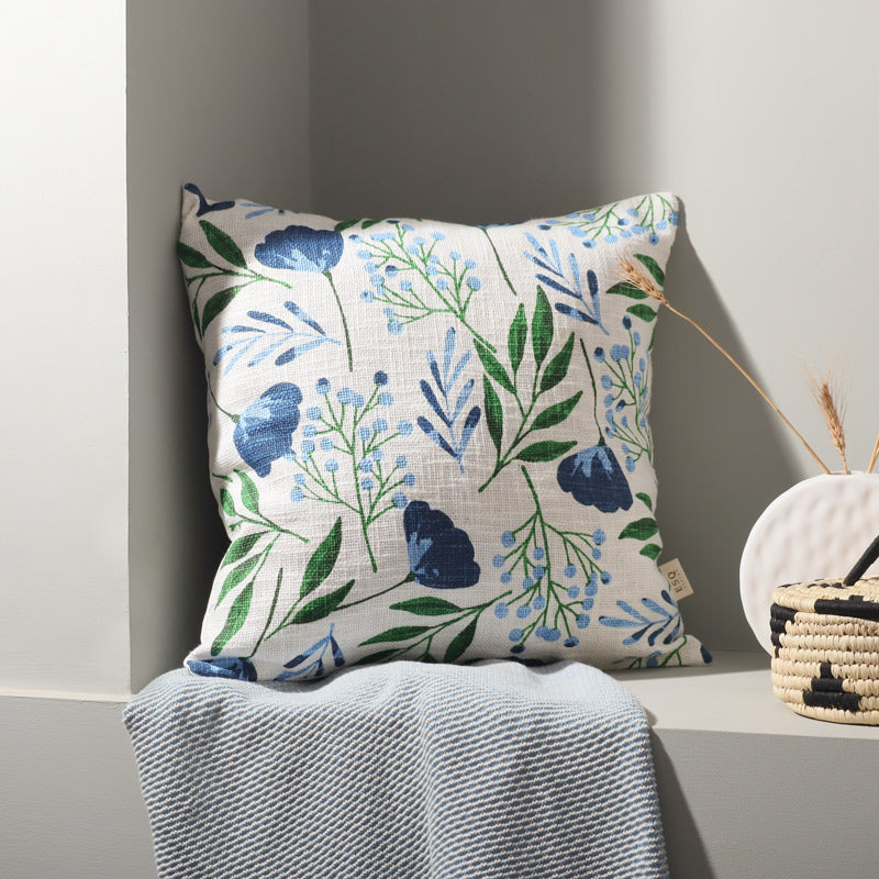 Crocus Printed Cotton Cushion Cover - Blue Green