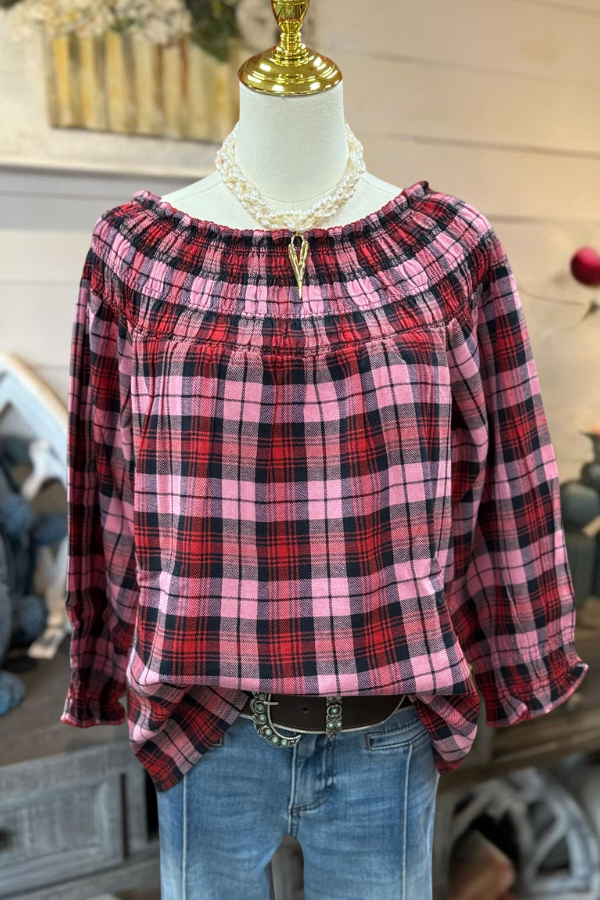 Plaid Drop Shoulder Pleated Top