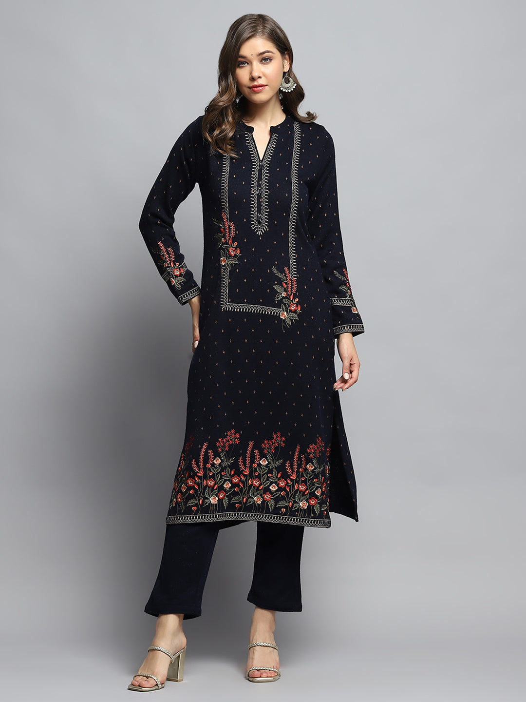 Women Navy Blue Self Design Round Neck Full Sleeve Kurti Set