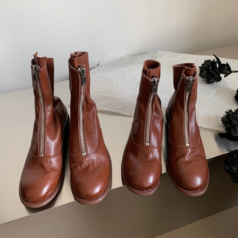 Handmade Leather Ankle Boots Comfortable Walking Round Martin Boots Brown/Black/Red/Beige/Grey