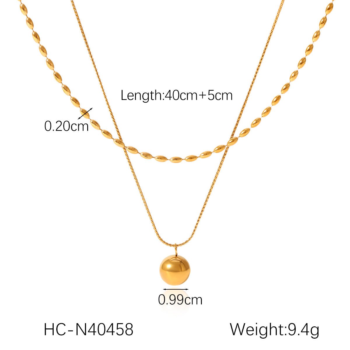 Double-Layer Stainless Steel Necklace Oval Bead Chain Twisted Chain Small Gold Ball Pendant Necklace Titanium Steel Necklace