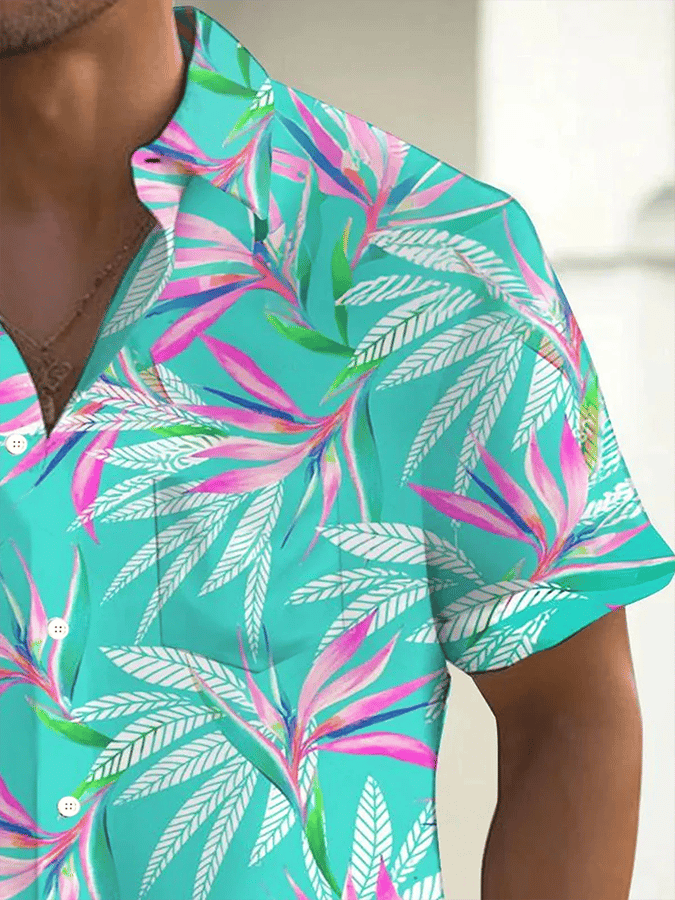 Men's Hawaiian Leaf Print Pocket Shirt