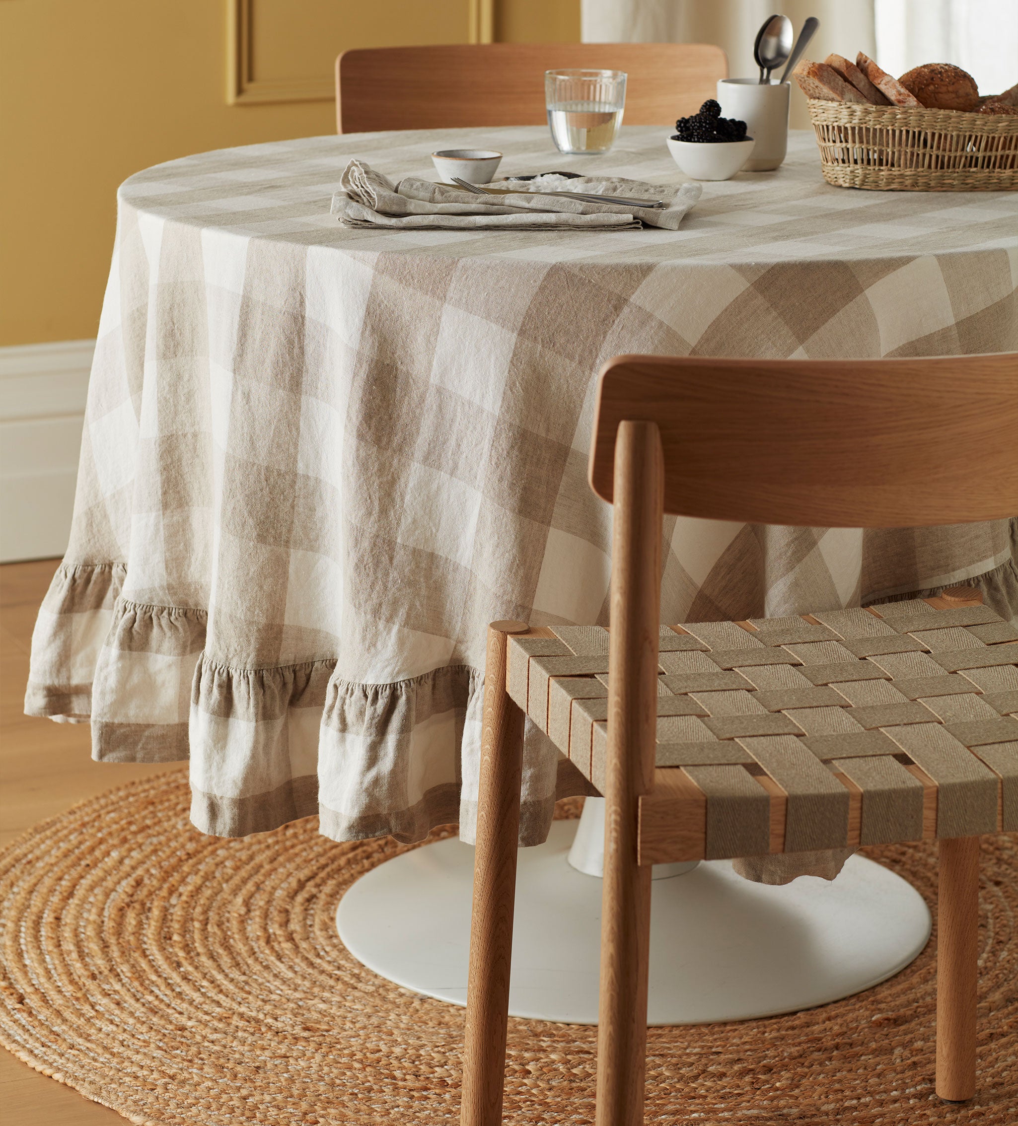 Natural Gracie Gingham 100% Linen Frill Tablecloth