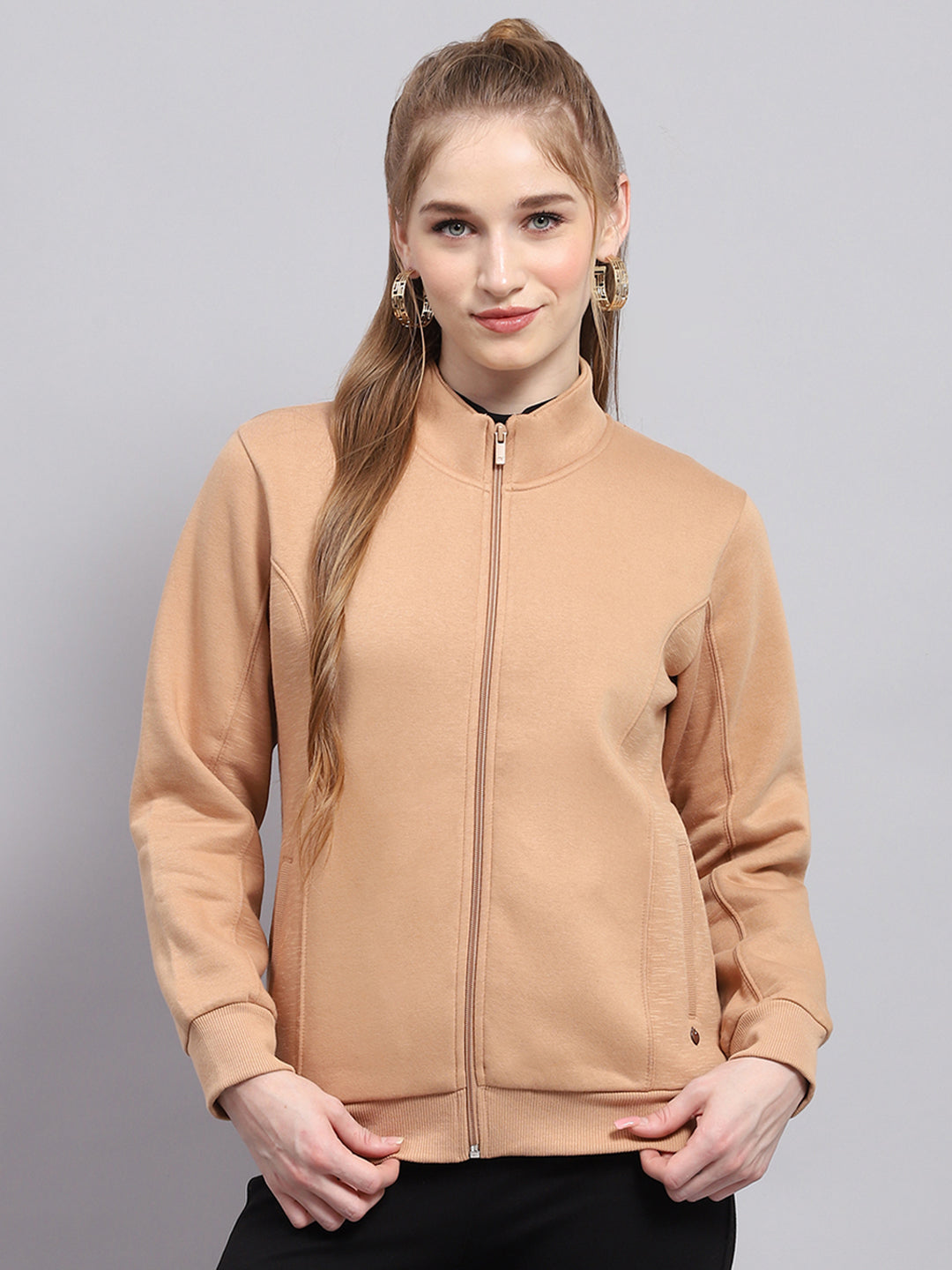 Women Peach Solid Mock Neck Full Sleeve Sweatshirt