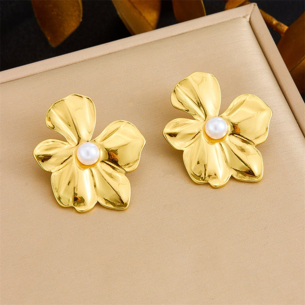 French Retro Golden Flower Earrings Niche Stainless Steel Earrings Exaggerated Earrings