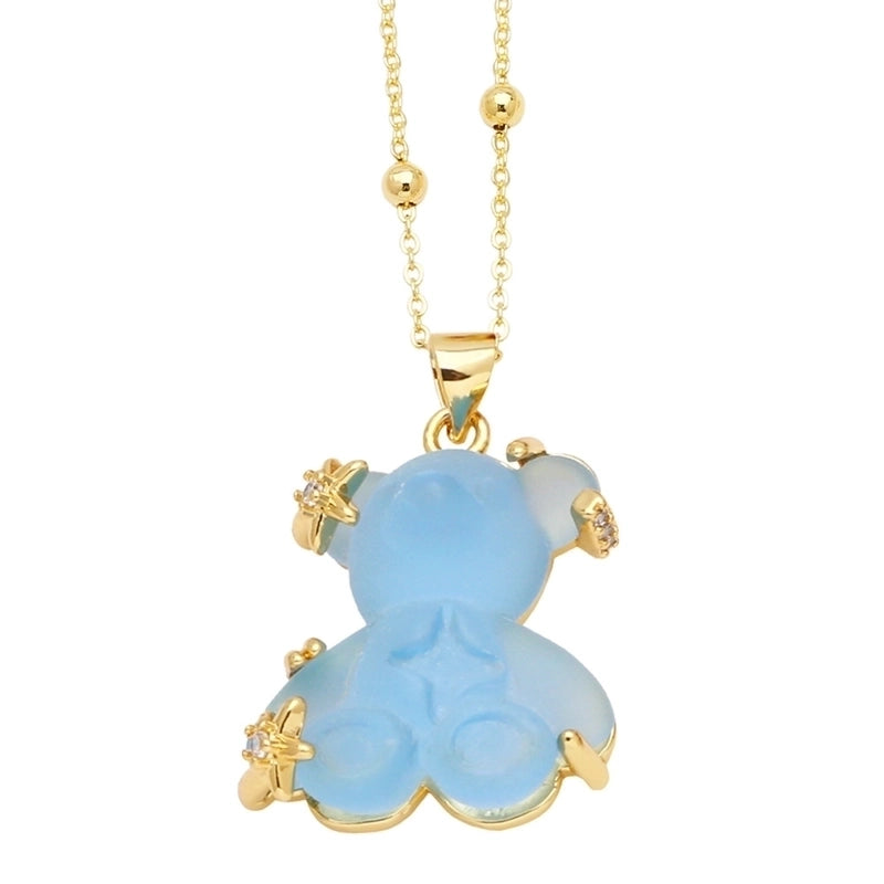 Copper Gold Plated Cute Minimalist Bear Inlay Resin Zircon Pendant Necklace