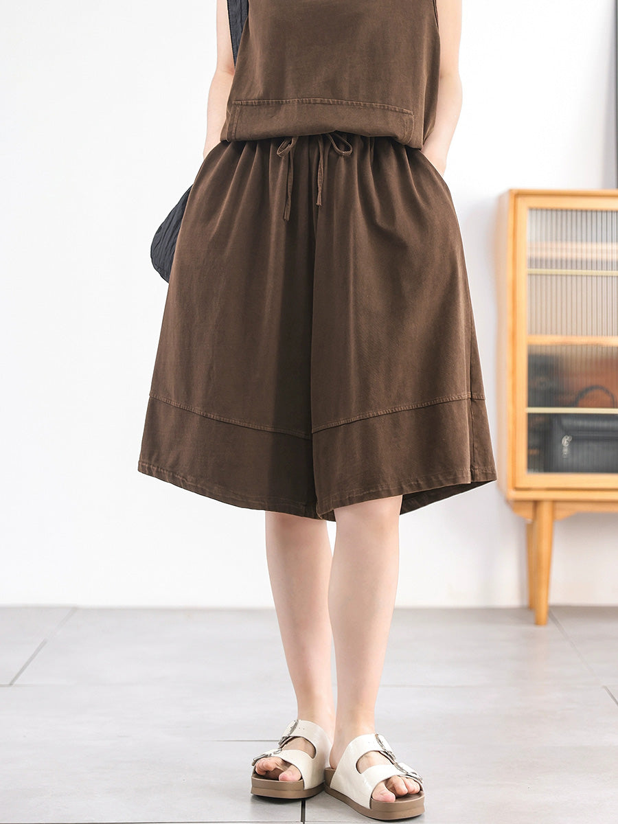 Women Summer Retro Pure Color Cotton Fifth Pants