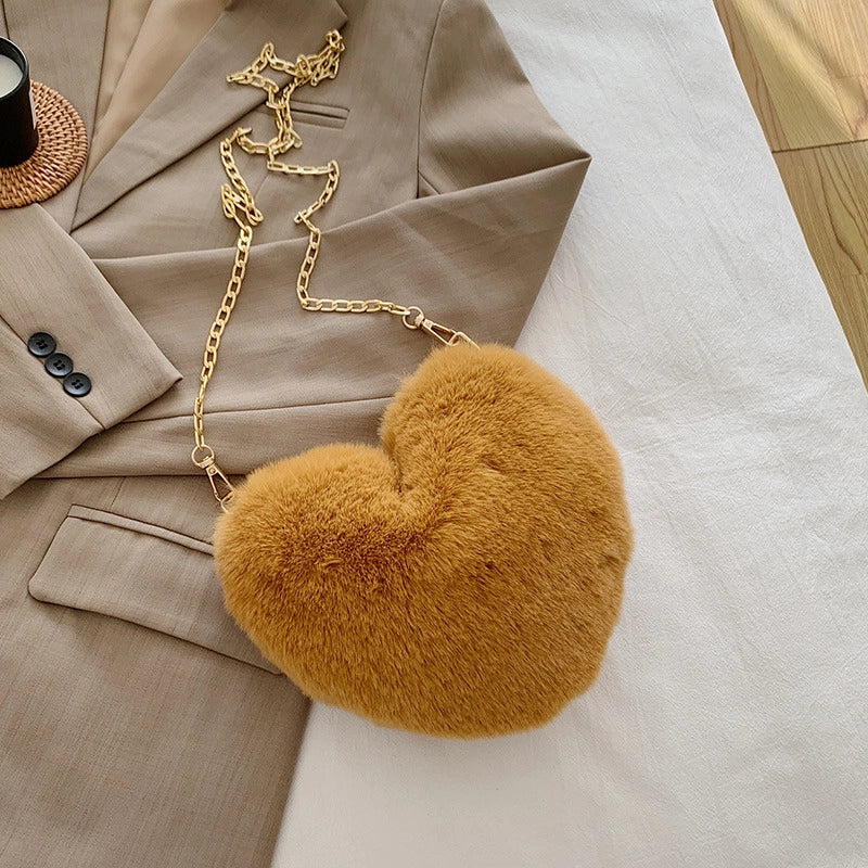Women's Plush Solid Color Cute Heart-shaped Zipper Crossbody Bag
