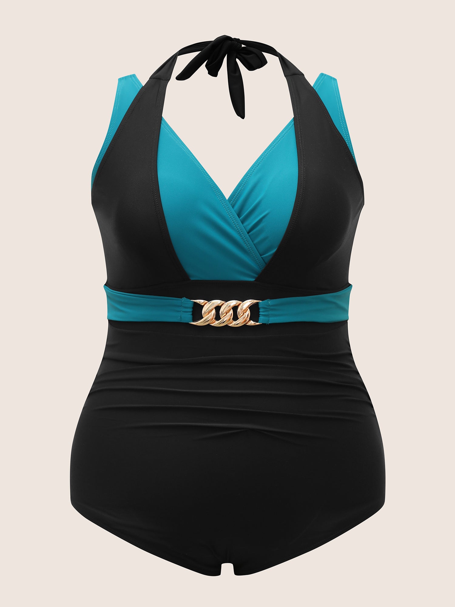 Two Tone Metal Chain Detail One Piece Swimsuit