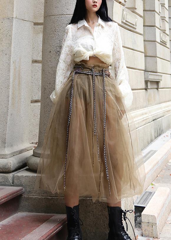 Comfy Khaki tie waist Patchwork Skirt Summer