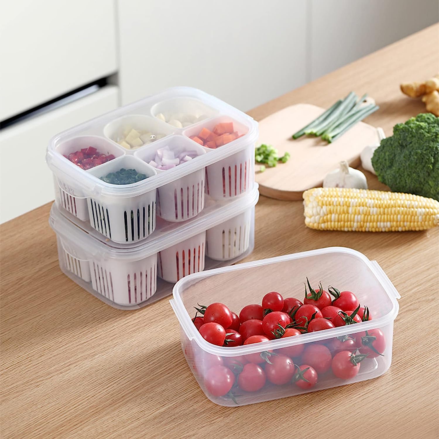 Fridge Food Storage Container With Lid. Airtight Refrigerator Food Box With 6 Pcs Detachable Drain Basket