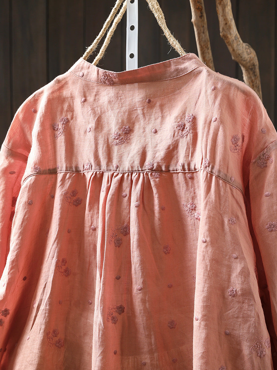 Women Summer Embroidery 100%Ramie Stand Collar Shirt