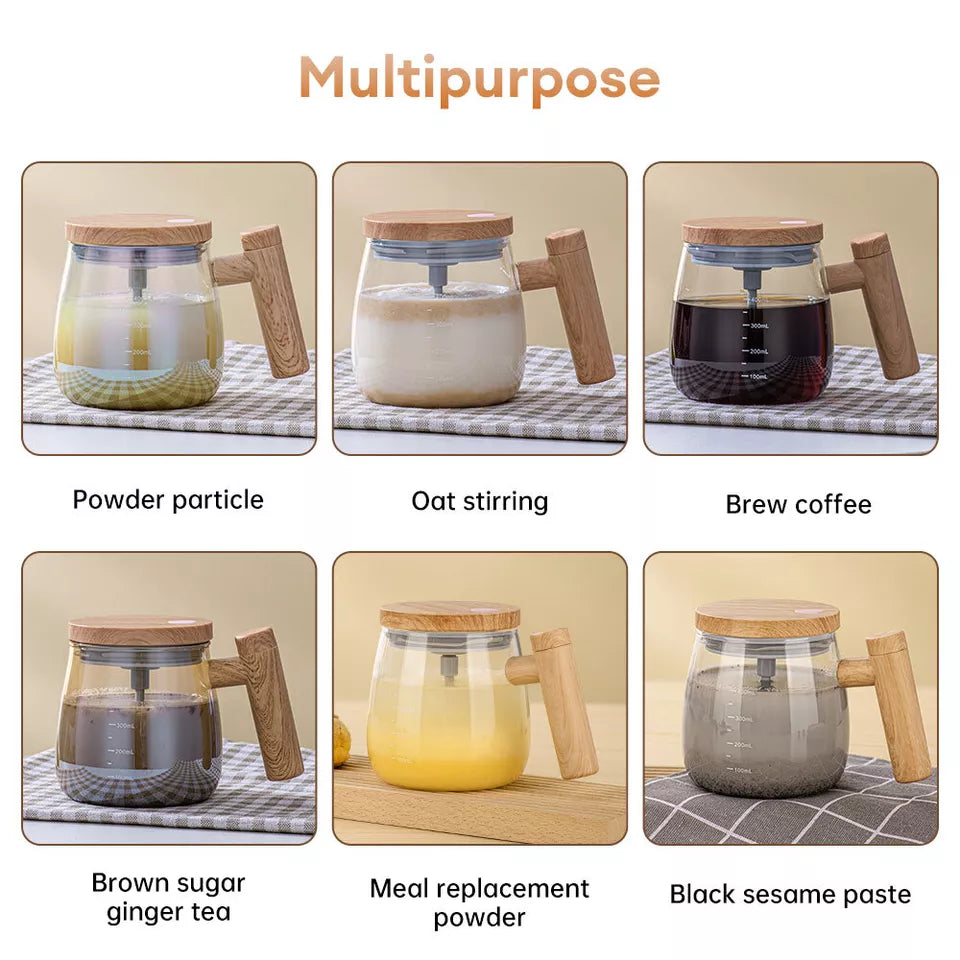 Electric Self Stirring Glass Coffee Mug with Lid & Handle