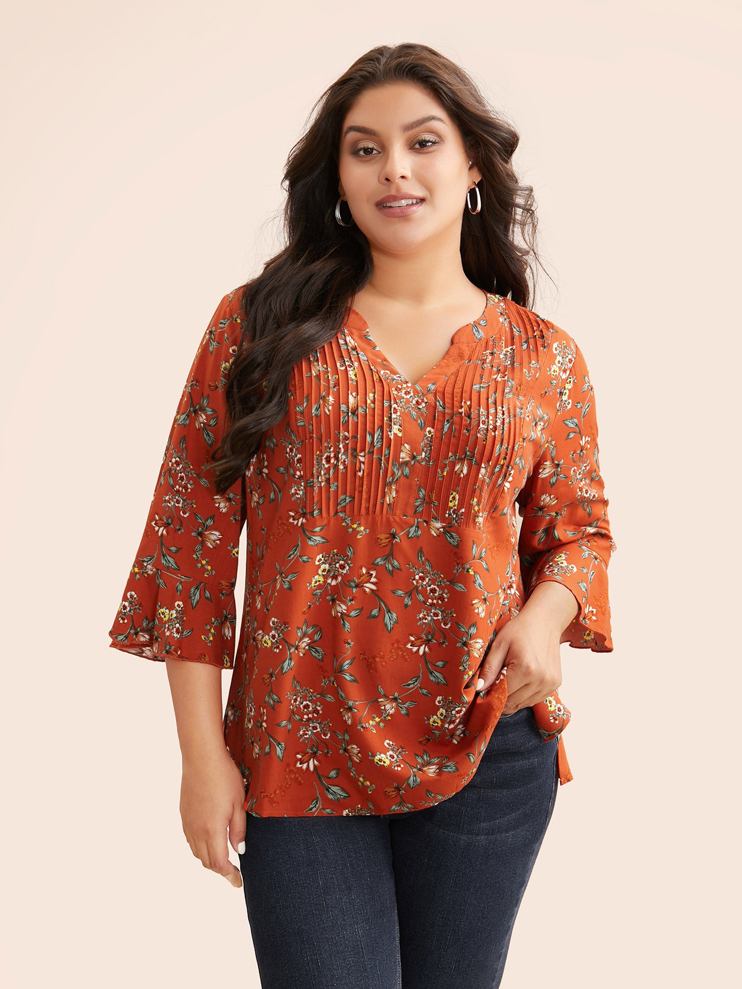 Ditsy Floral Pleated Flutter Sleeve Blouse