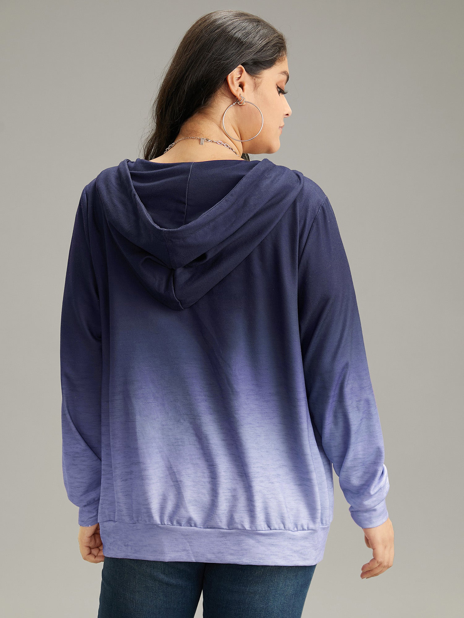 Ombre Hooded Zipper Drawstring Sweatshirt