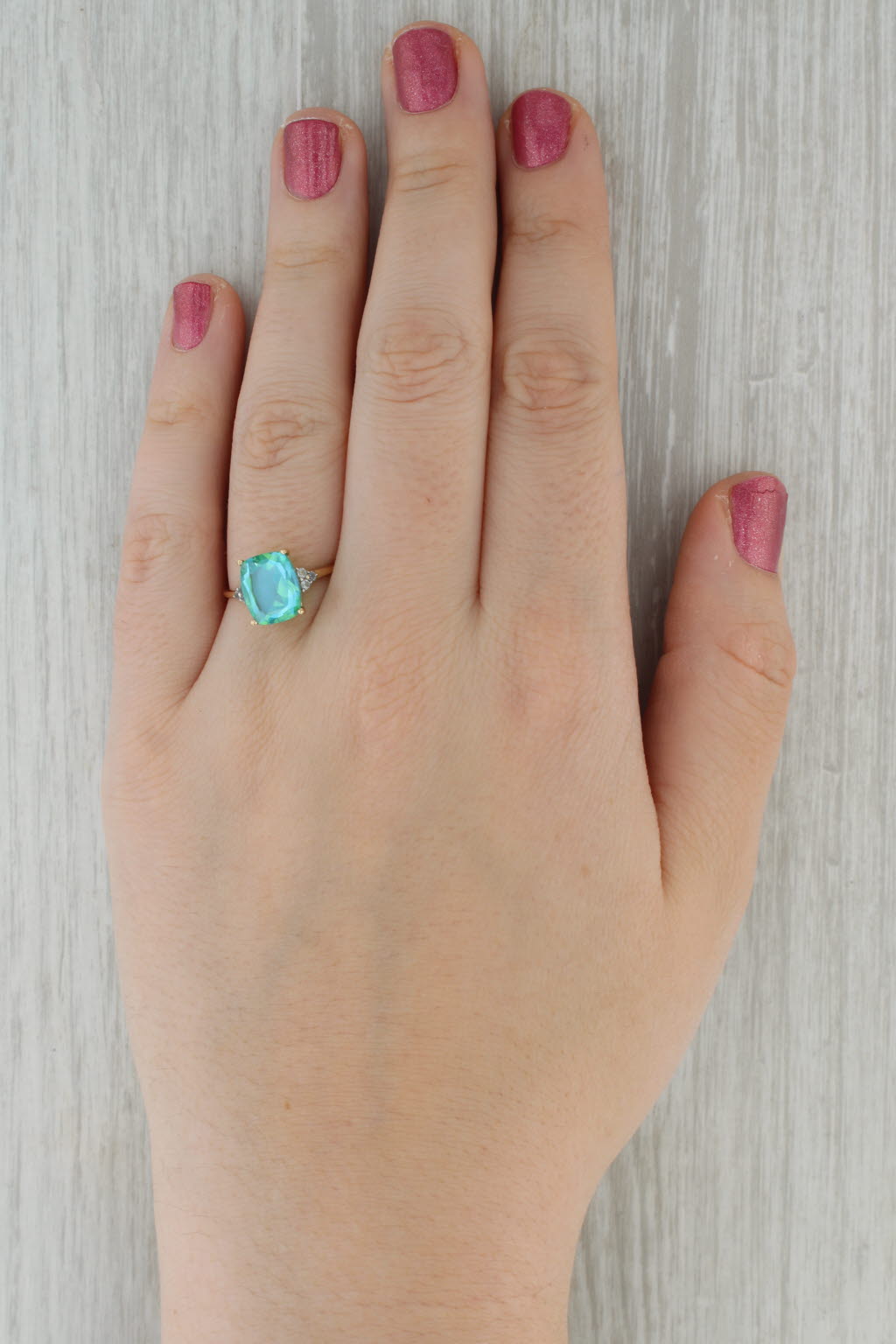 Blue Green Lab Created Quartz Glass Doublet Topaz Ring 14k Yellow Gold Size 8.25