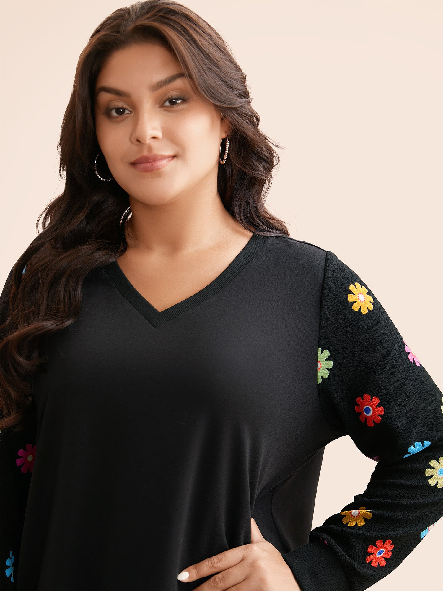 V Neck Floral Slightly Stretchy Sweatshirt