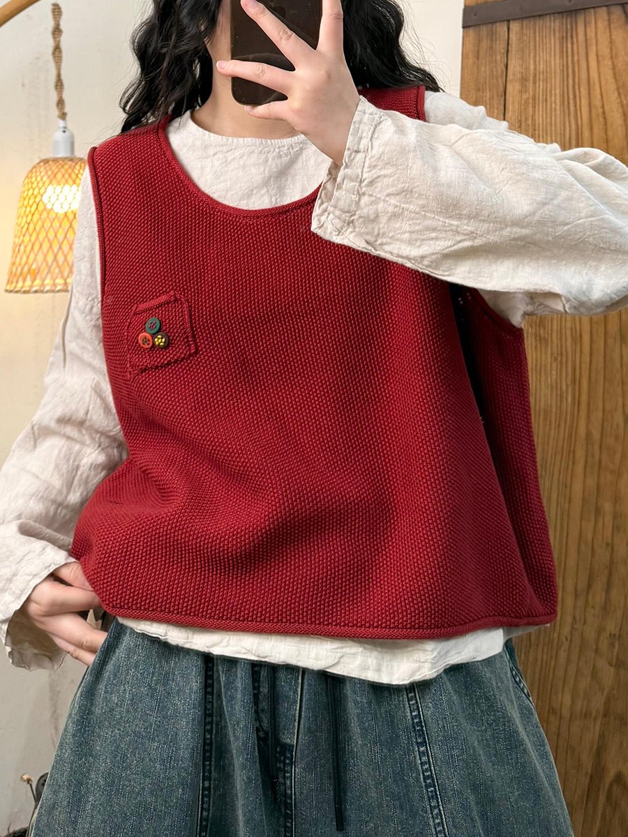 Women Spring Casual O-Neck Button Knit Vest