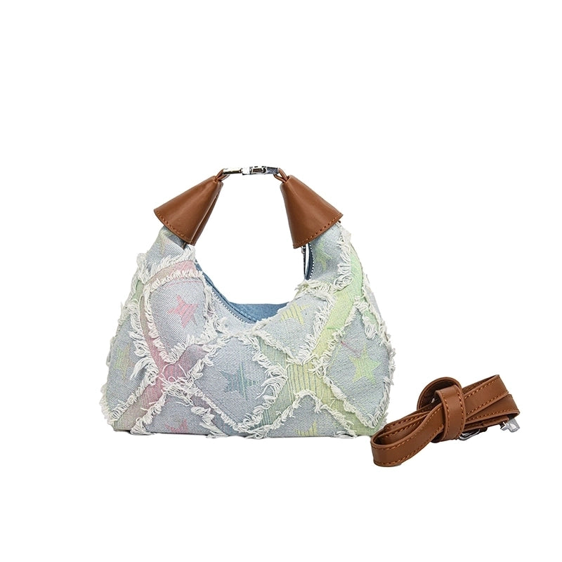 Women's Denim Star Vintage Style Dumpling Shape Zipper Shoulder Bag Handbag Crossbody Bag
