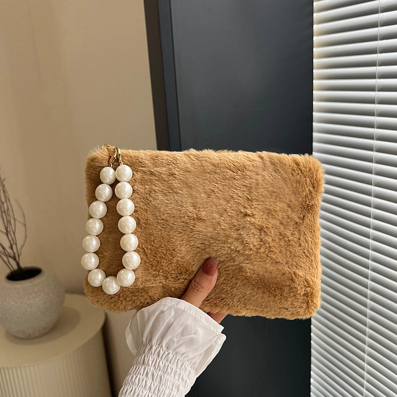 Black Brown White Plush Solid Color Beading Pearls Square Clutches