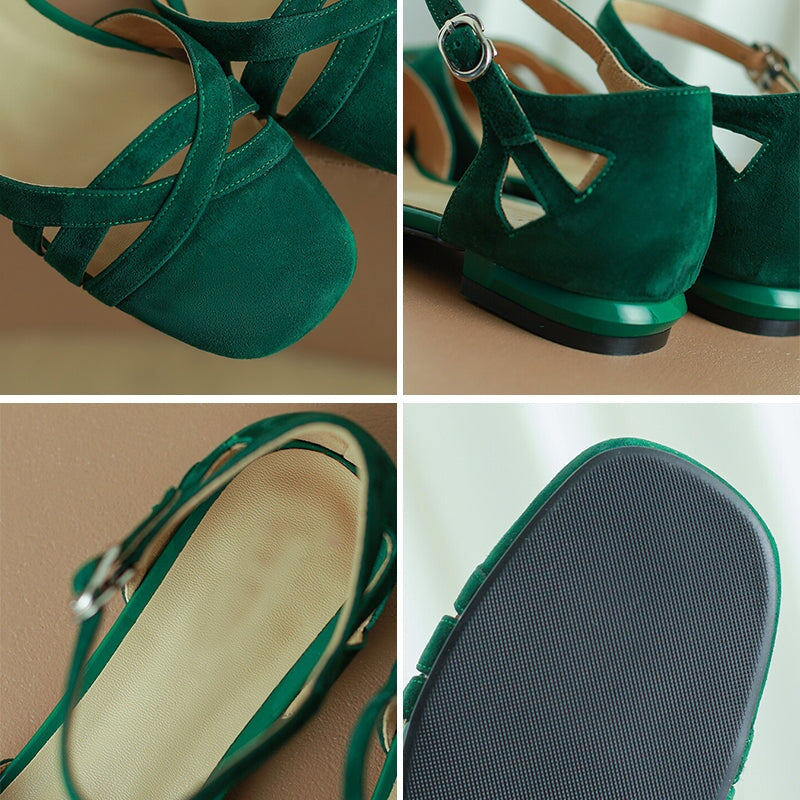 Block Heel Leather Gladiator Sandals in Green/Apricot