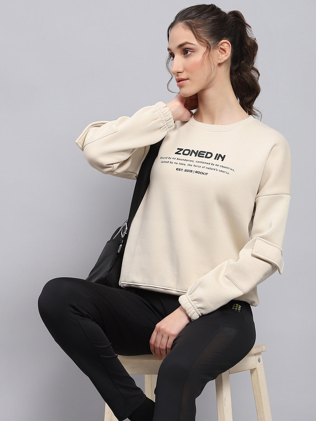 Women Beige Printed Round Neck Full Sleeve Sweatshirt