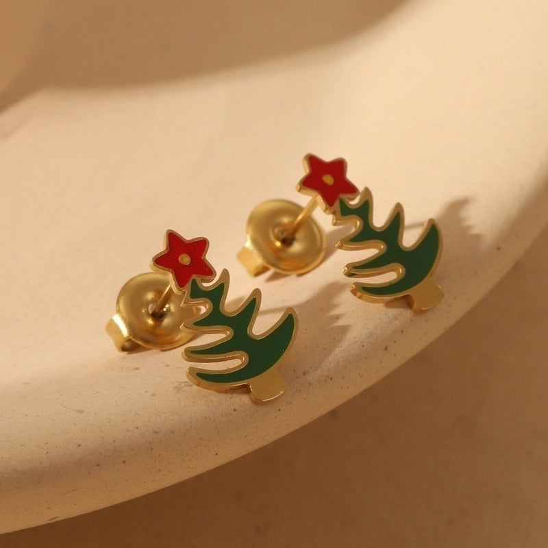 1 Pair Christmas Sweet Minimalist Christmas Tree Santa Claus Enamel 304 Stainless Steel 14K Gold Plated Ear Studs