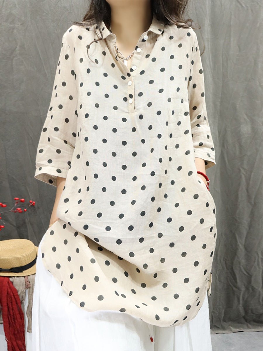 Women Summer Artsy Turn-down Collar Dot 100%Ramie Shirt