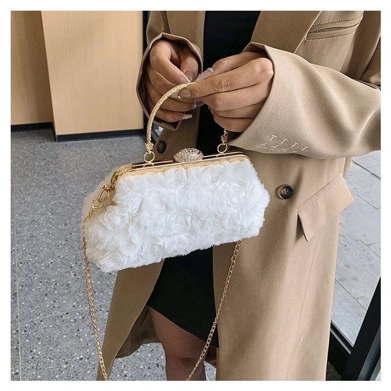 Women's Small Plush Solid Color Streetwear Shell Lock Clasp Shoulder Bag Crossbody Bag Chain Bag