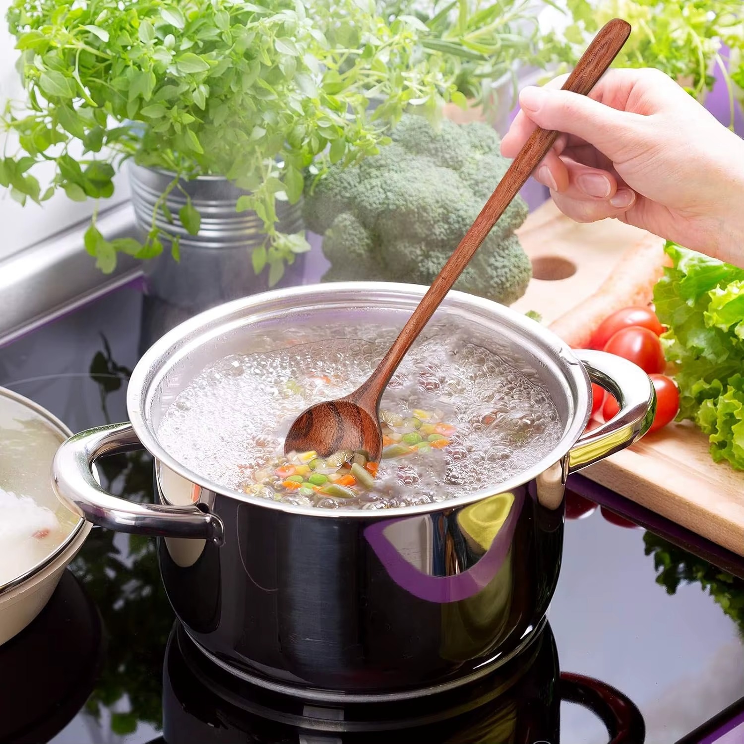 Wooden long handle soup spoon for cooking and mixing heat resistant kitchen tool utensil, long spoon for stirring