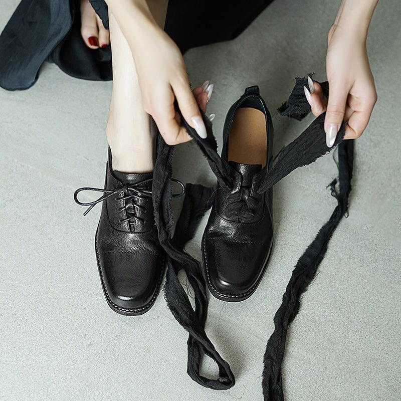 Vintage Lace-Up Derby Oxford Shoes Block Heel Leather Casual Footwear in Black/Green/Grey (better suited for thin feet)