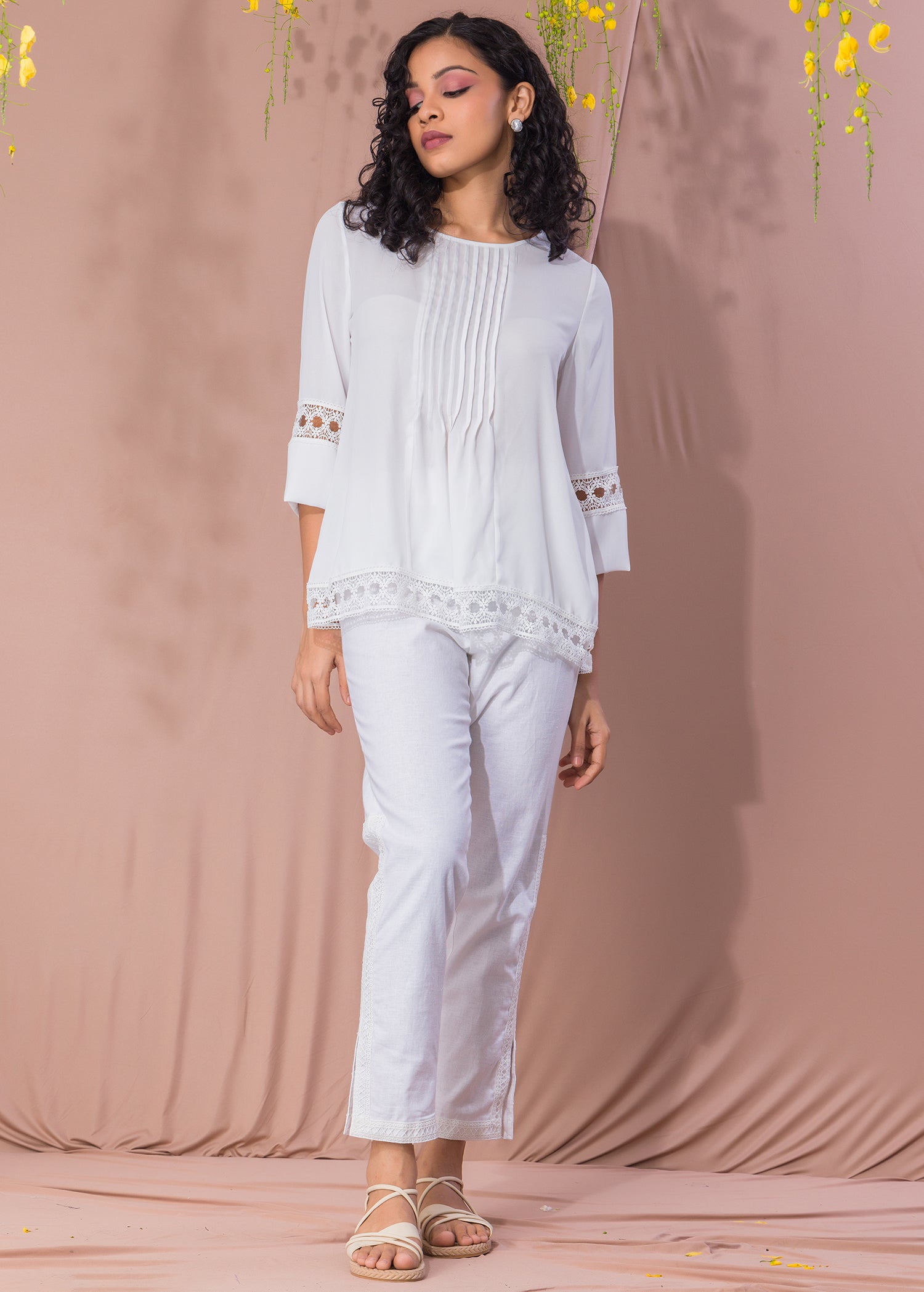 Pin Tuck Detailed White Blouse With Lace