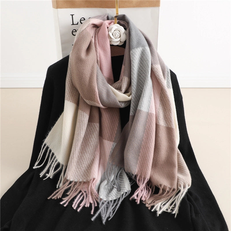 Winter New Scarf Cashmere-like Check Pattren Tassel Men's And Women's Shawl Color Matching  Casual Student Scarf