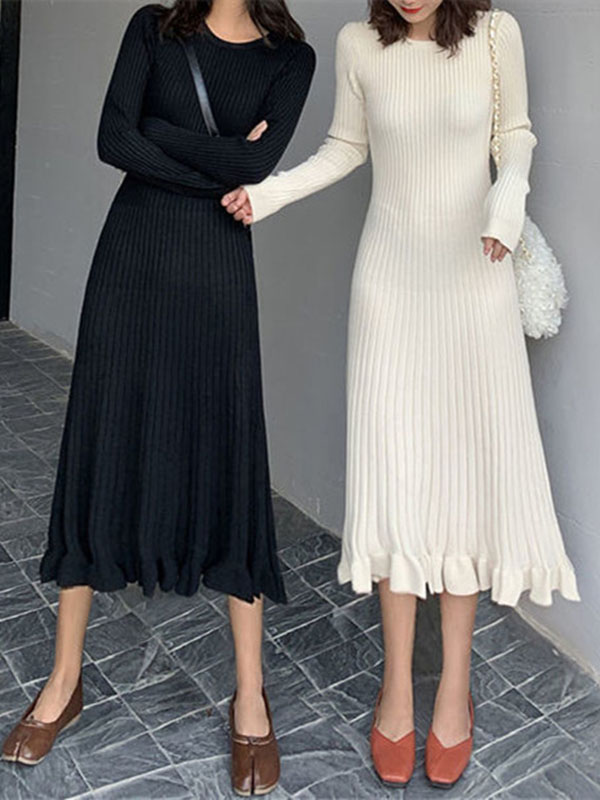 Long Sleeves Loose Ruffled Solid Color Round-Neck Midi Dresses Sweater Dresses