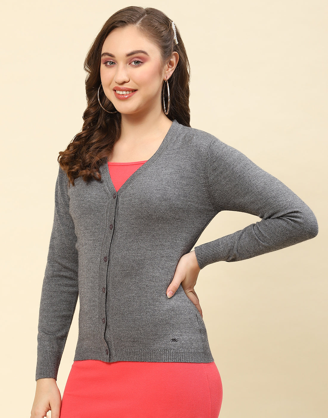 Women Grey Solid V Neck Full Sleeve Cardigan