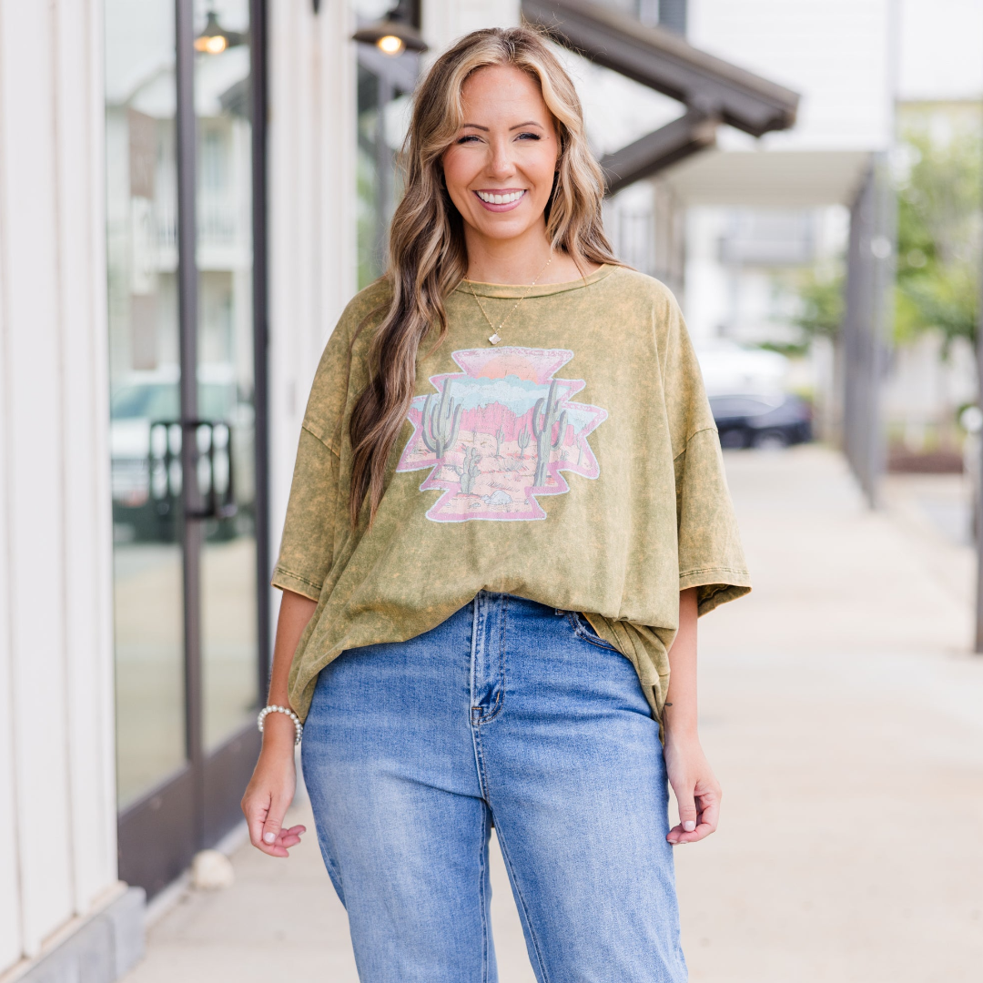 Wild Out Here Acid Wash Boyfriend Tee. Golden Olive