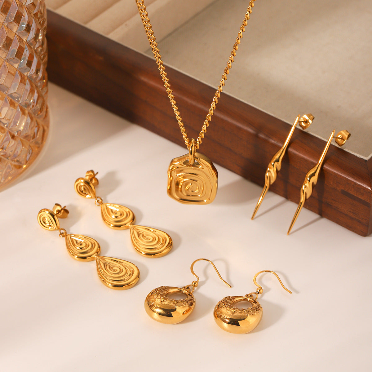 Stainless Steel Relief Thread Irregular Pendant Necklace Design Casting Titanium Steel Earrings