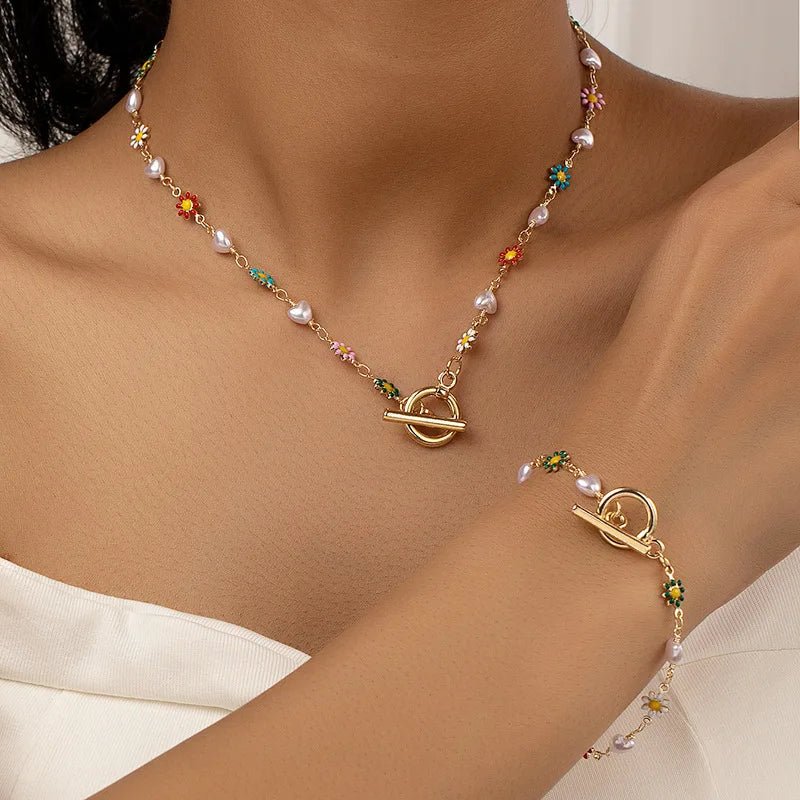 Dainty Spring Floral Pearls Bracelet and Necklace Set