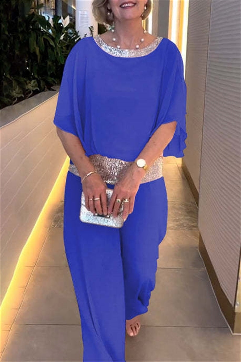 Casual Solid Color Sequins Patchwork O Neck Half Sleeve Two Pieces