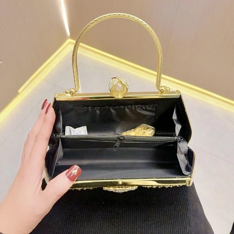 Gold Silver Black Pu Leather Solid Color Pearls Square Evening Bags