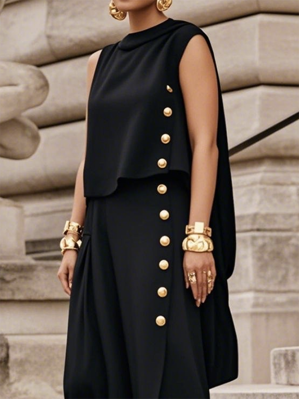 Loose Sleeveless Buttoned Solid Color Round-Neck Maxi Dresses