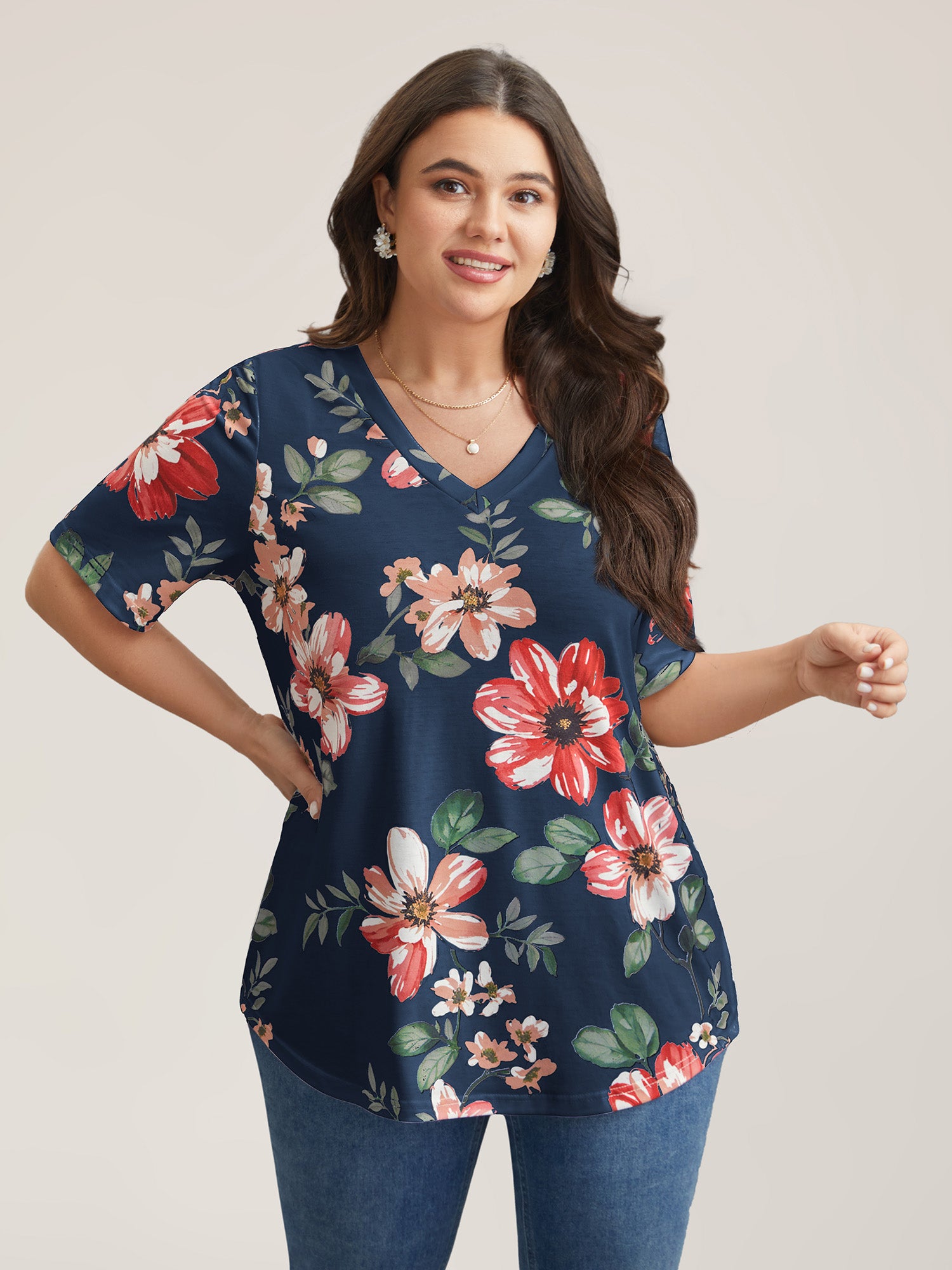 Multi-Color Floral Print V-Neck T-Shirt