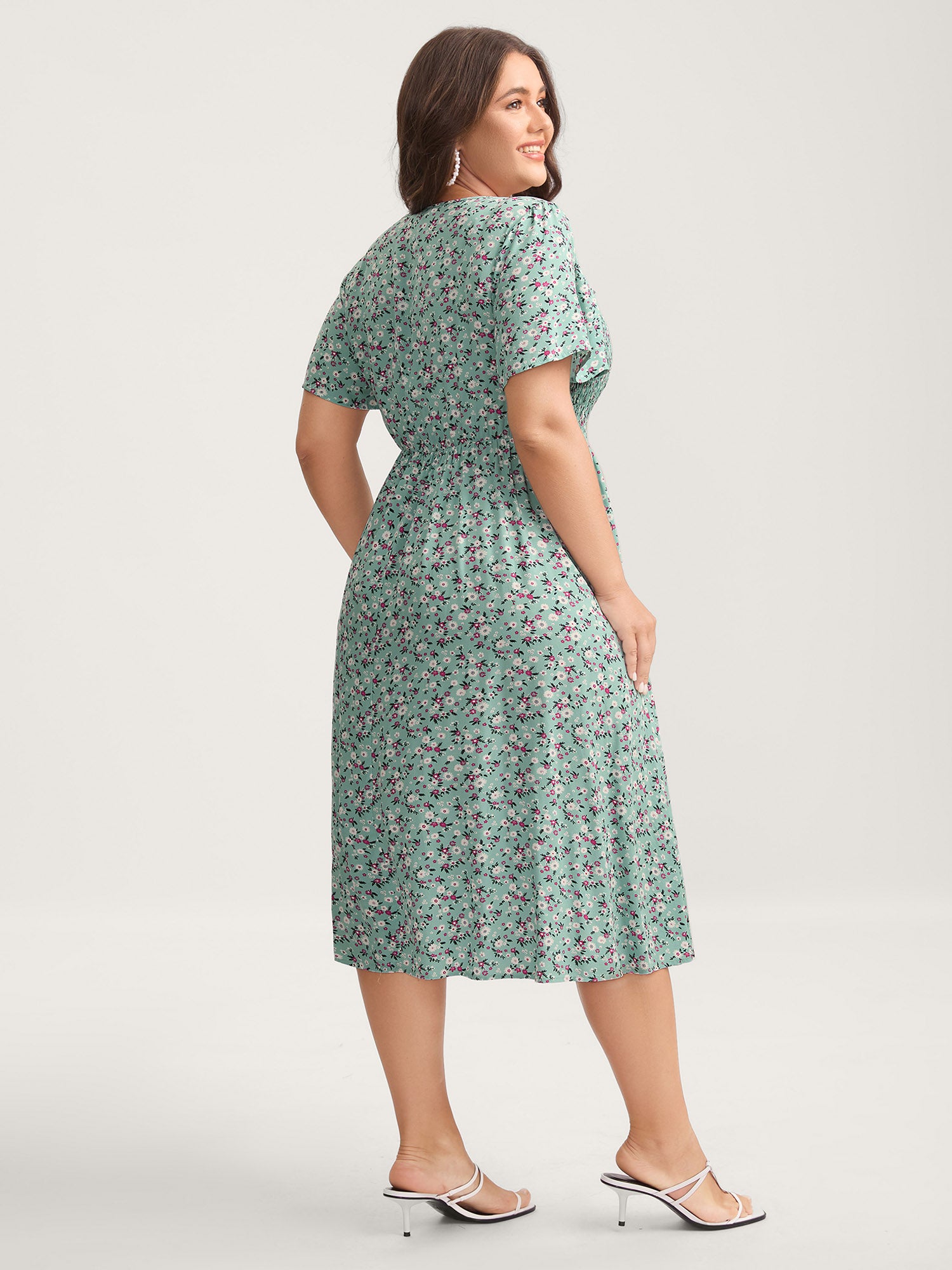 Rayon Ditsy Floral Print Shirred Midi Dress