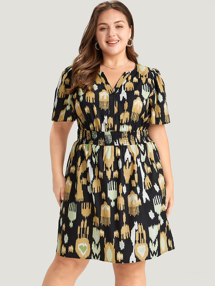 Graphic Print Notched Shirred Pocket Puff Sleeve Dress